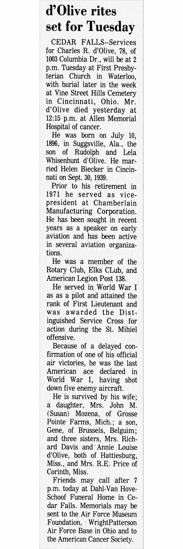 Newspaper obituary for Charles R. D'Olive from Cedar Falls, recounting his World War I service and five aerial victories
